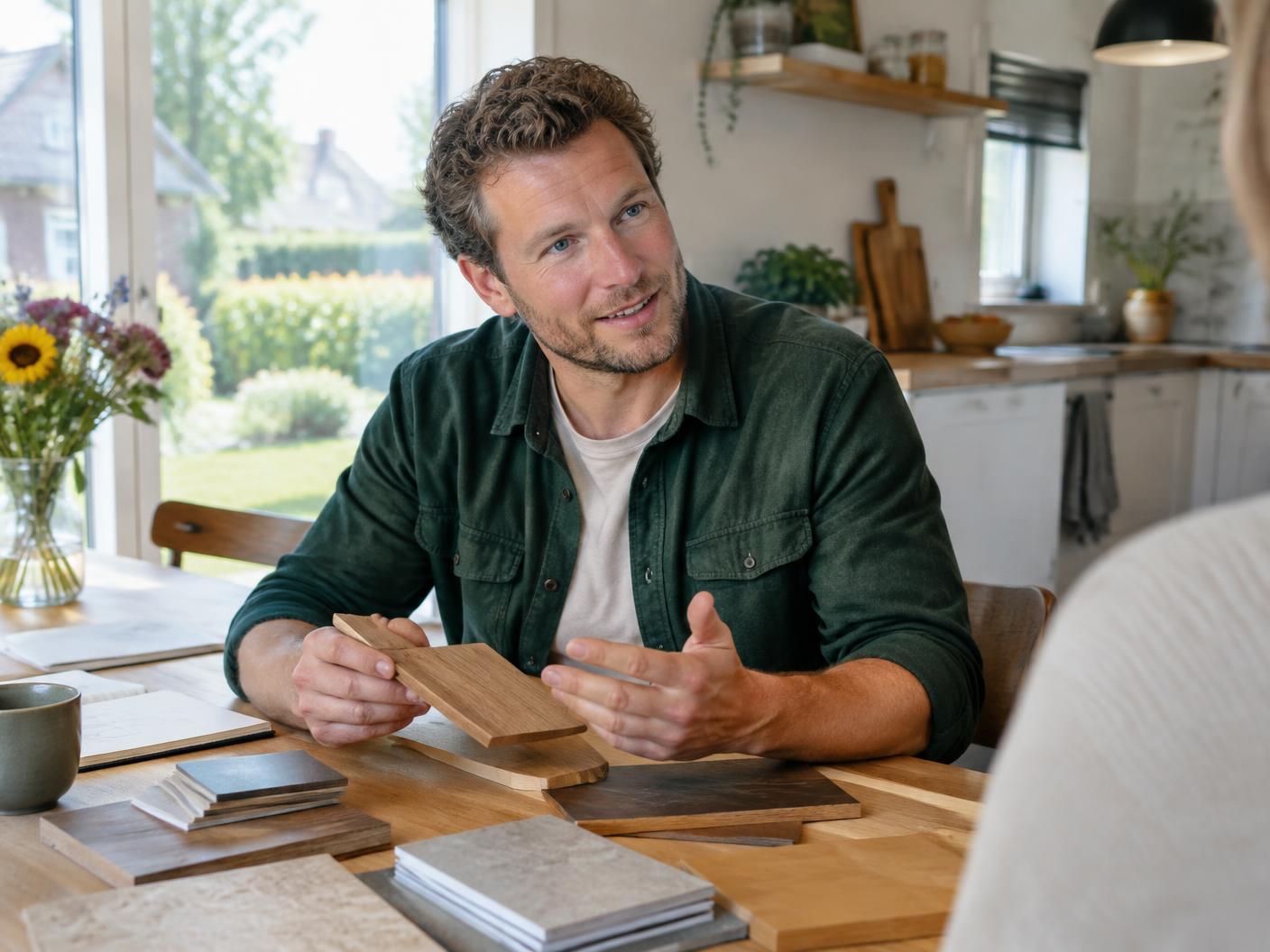 Matthias bespreekt materiaalstalen aan de keukentafel
